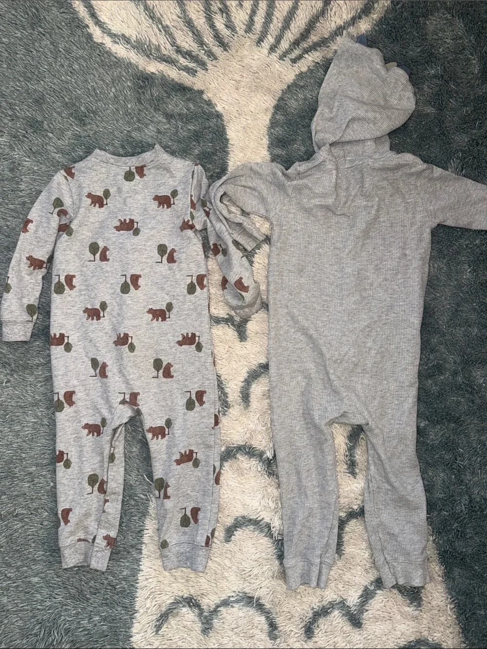 Carter's Grey 🐻 Print & Solid Hooded One-Piece Footies - Bundle of 2 - 24 months